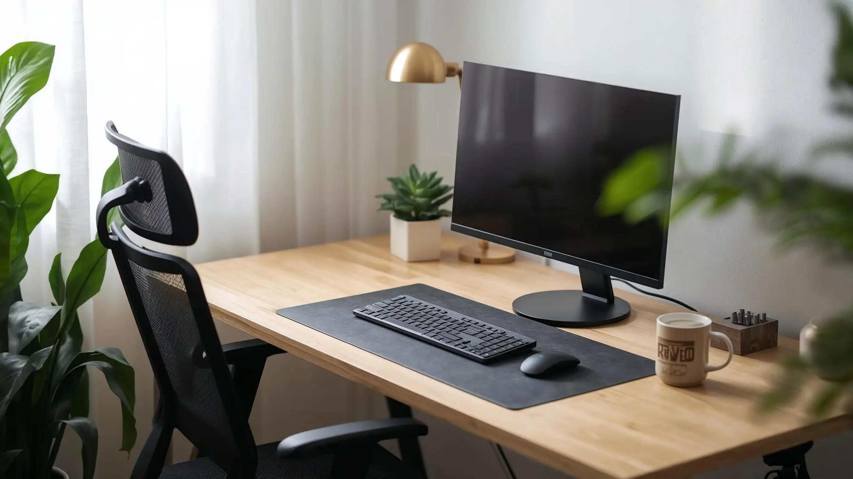 A computer desk with computer, mouse, and keyboard